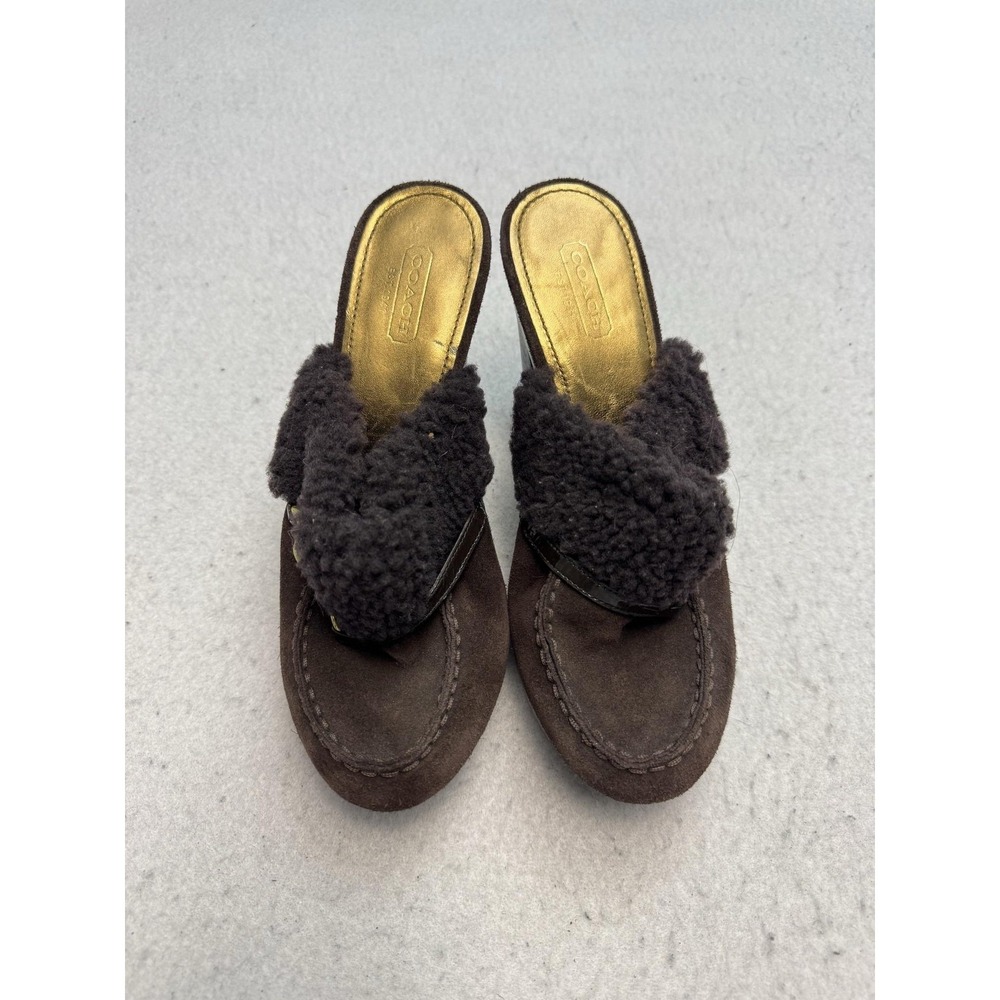 Coach Idyle Mule Clog Block Heel Women's Size 6.5 Brown Suede Faux Fur Lined - Picture 3 of 9